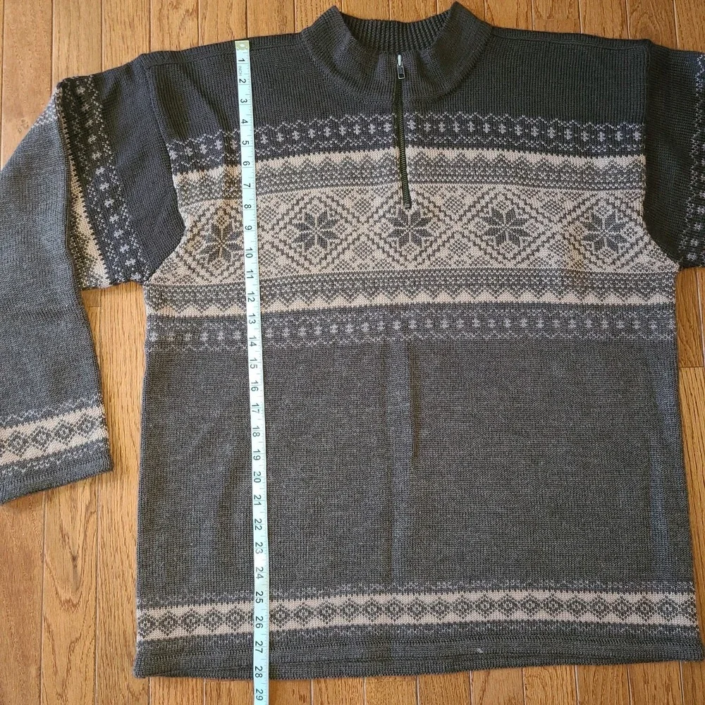 Vtg Herman Geist Wool Fair Isle Sweater Hand Embroidered Chocolate Brown‎ Tan Lg
